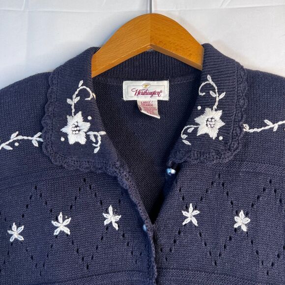 Worthington Vintage Navy Embroidered Crochet Knit Short Sleeve Sweater Large - Picture 3 of 11